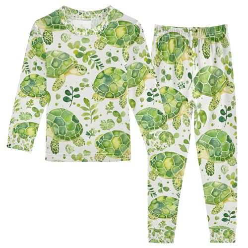 senya Fun Green Turtle with Leaves Pajamas Set Long Sleeve Soft Cotton Sleepwear 2 Piece