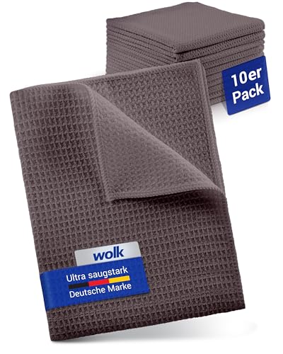 wolk Waffeltücher - Mikrofasertuch mit Waffelstruktur - 10 Stück - Größe: 38 x 38 cm - Farbe: grau - Lappen, Reinigungstücher, Putztücher - Bad, Küche, Gastronomie