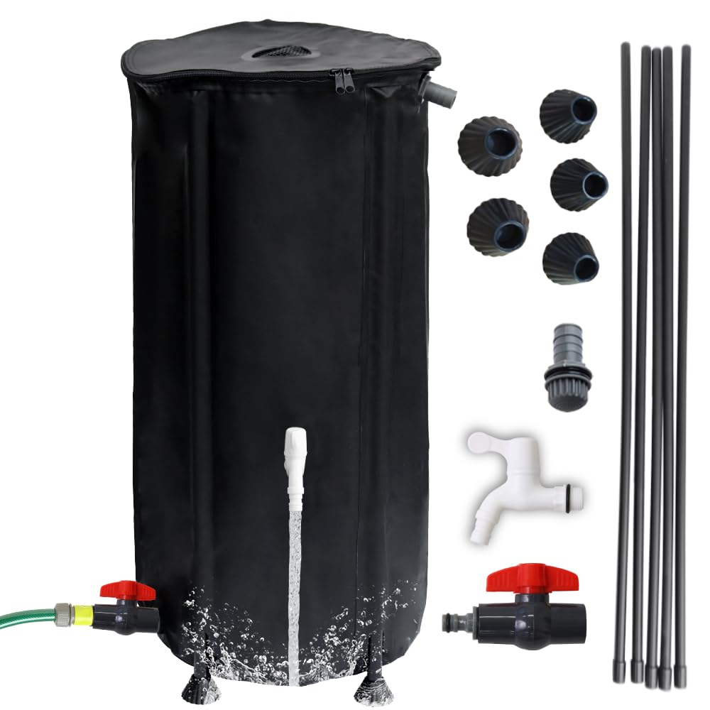 Japard 16 Inch Slim Rain Barrel Water Tank Collapsible Indoor Outdoor 26 Gallon Rainwater Storage from Gutter Upgraded Leakproof Spigot Downspout