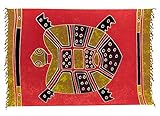 Kascha Sarong Pareo Wickelrock Strandtuch Tuch Wickeltuch Handtuch - Blickdicht - ca. 170cm x 110cm - Rot Ocker Batik mit Schildkröte Motiv Handgefertigt inkl. Kokos Schnalle in Rauteform
