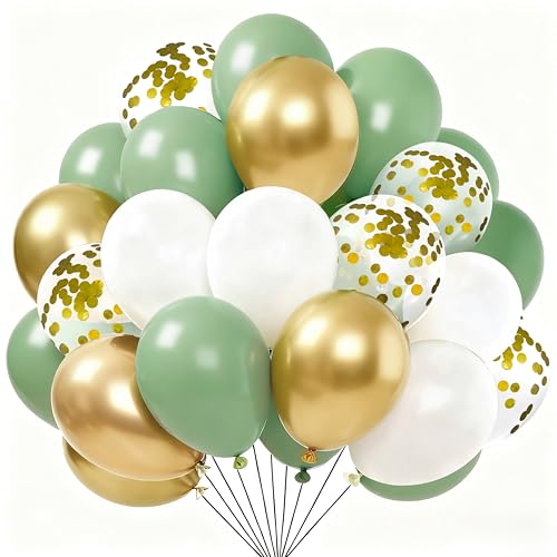 Yehnda Ballons Vert Blanc Or 60 Pcs 12 Pouces Ballon Anniversaire Sauge Olive Confettis Dorés Métalliques pour Mariage Garçon Baptême Fête