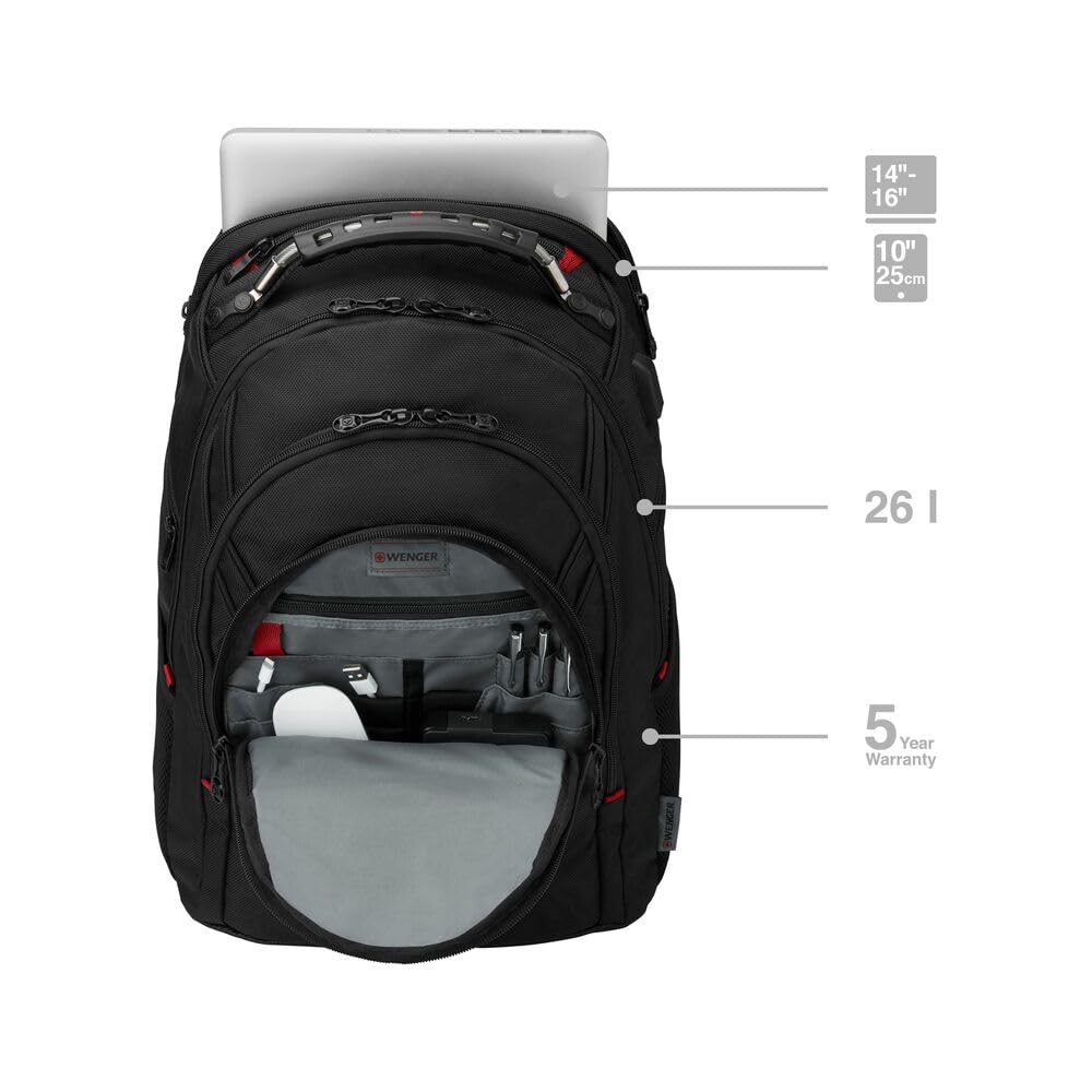 WENGER Ibex Deluxe Laptop-Rucksack, Notebook 14 bis 16 Zoll, Tablet bis 10 Zoll, 26 l, Damen Herren, Business Uni Schule Reisen, Schwarz, 606493