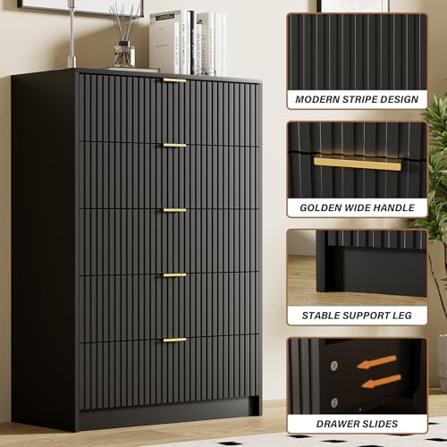 Image of Furniway Black Dresser for Bedroom, Modern Dresser with 5 Drawers and Smooth Slides, Wide Chest of Drawers with Golden Handles for Bedroom, Living Room, Closet, 15.7 inch D x 31.5 inch W x 47.2 inch H