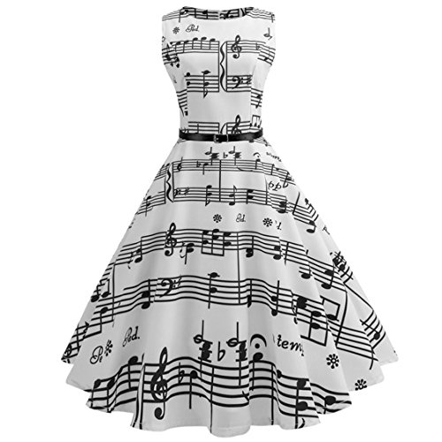 Vovotrade Femmes Swing Dress sans Manches, Vintage Moulante Hepburn Vent Notes de Musique imprimées Occasionnels soirée Parti Robe de Bal de Taille (S, Blanc)