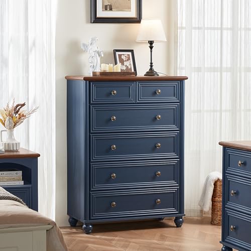 Farmhouse 6 Drawer Dresser Set of 2, Chest of Drawers for Bedroom, 43.5" Tall Blue Dresser with Roman Column, Rustic Wood Storage Dressers Organizer for Living Room, Hallway, Closet