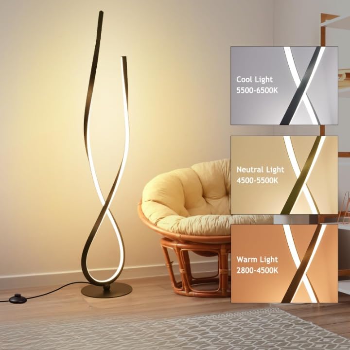Image of Stylish Spiral Floor Lamp, Dual-Tone Black Body with 3 LED Colors (Warm /Natural /Cool), Contemporary Standing Light for Living Room, Bedroom, or Office Decor