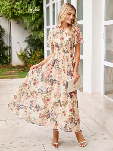 Image of Simplee Womens Casual Floral Summer Maxi Dress 2026 Boho Flowy Short Sleeve Crew Neck Vacation Smocked Chiffon Dresses