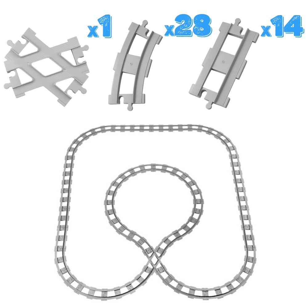 43x Ensemble de Voies Ferrées à Blocs de Construction, Accessoires d'Extension City Train avec 28 Coudes de Rail, 14 Rails Droits, 1 Rail Croisé, Rails de Ville pour Cadeau Enfants