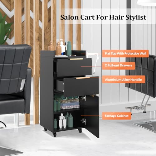 OmySalon Salon Cart with Wheels, 3-Tier Rolling Hair Styling Station, 2 Drawers & Adjustable Shelf, Hair Dryer Holder, Mobile Organizer for Salon, Barber, Spa, Nail & Beauty Tools, Black