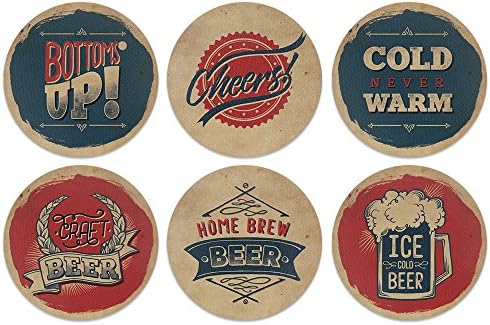 CARIBOU Coasters , Vintage Paper Beer Design Absorbent ROUND Fabric Felt Neoprene Coasters for Drinks, 6pcs Set