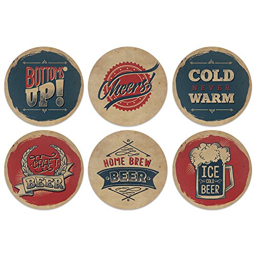 CARIBOU Coasters , Vintage Paper Beer Design Absorbent ROUND Fabric Felt Neoprene Coasters for Drinks, 6pcs Set