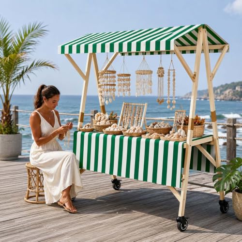 Stand De Marché Pliable Et Portable Avec Auvent - Chariot De Vendeur Mobile En Bois, Comptoir Snack À Roulettes Pour Bar À Bonbons, Fête Foraine, Marché...