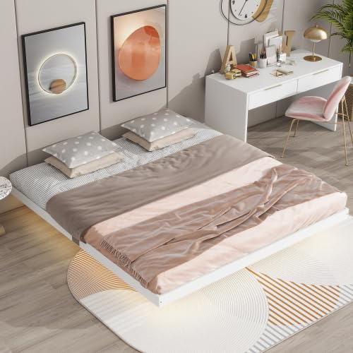 Wood Floating Bed Frame with LED Lights Modern King Size Low Profile Platform Bed No Box Spring Needed