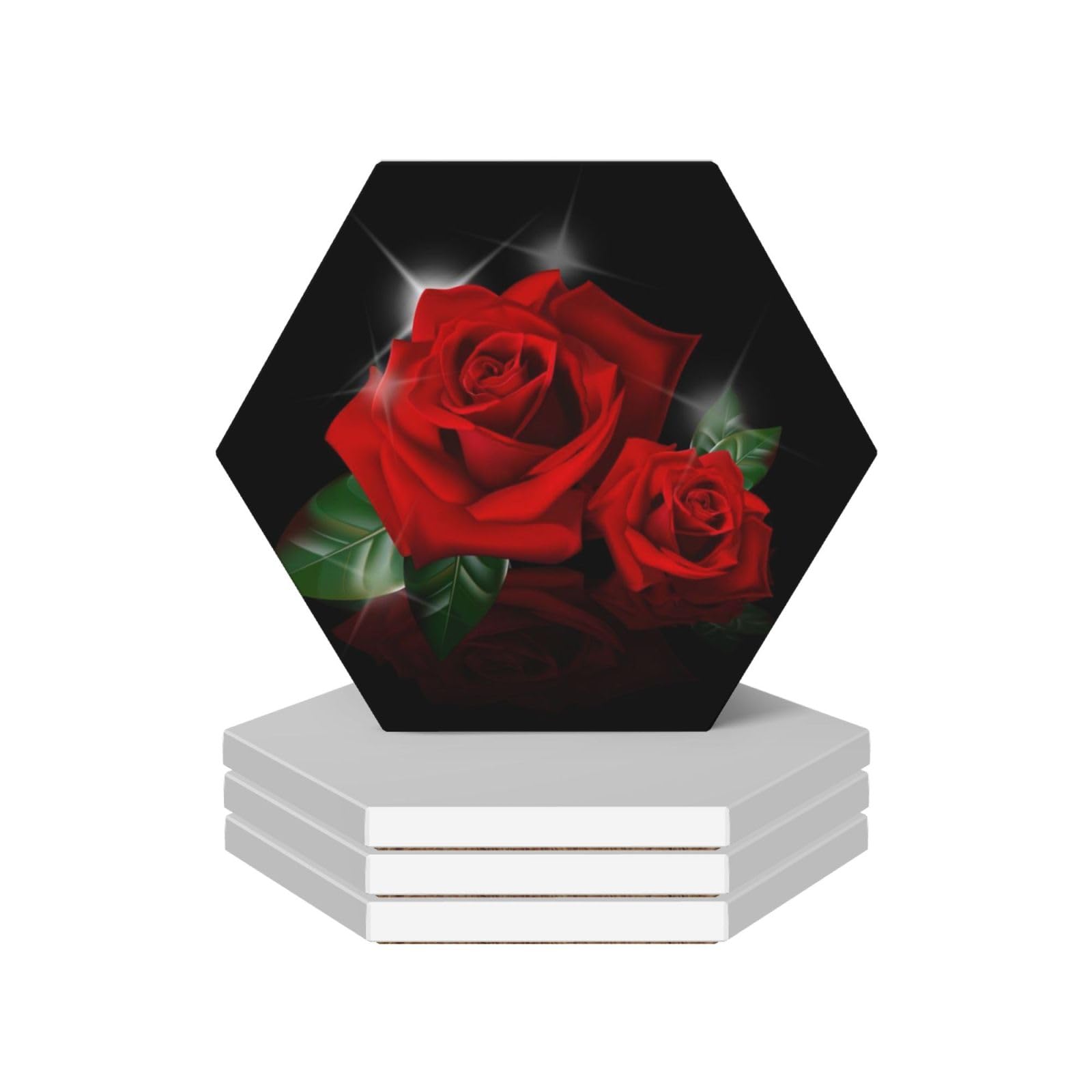 4 Hexagonal Red Roses Coasters, Ceramic Home Decor Coasters With Anti Slip Cork Base, Tea And Coffee Coasters, And Daily Coasters.