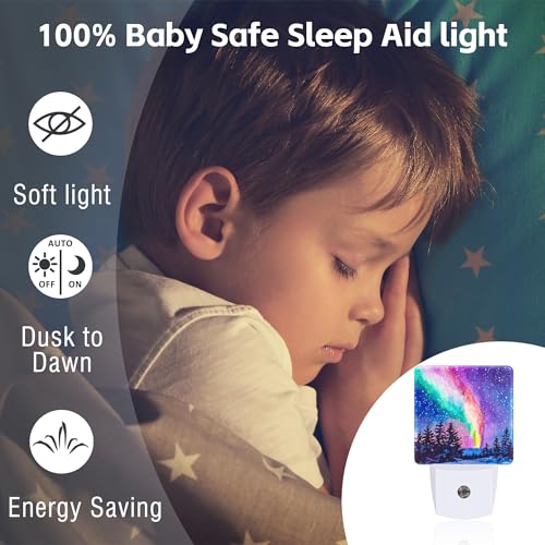 Image of Northern Lights Starry Night Night Light Plug into Wall, Winter Snowy Forest 0.5w Energy Saving Sleep Friendly Dusk to Dawn NightLights for Kids Boys Girls Home Decor
