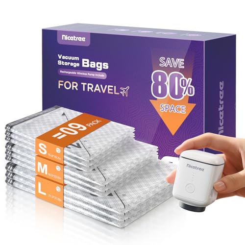 Image of Nicetree 9-Pack Vacuum Bags for Travel with Rechargeable Pump, 3 Sizes | Compression Packing Bags for Carry-On Luggage and Suitcases. Space Saver Vacuum Seal Bags for Clothing and Home Storage