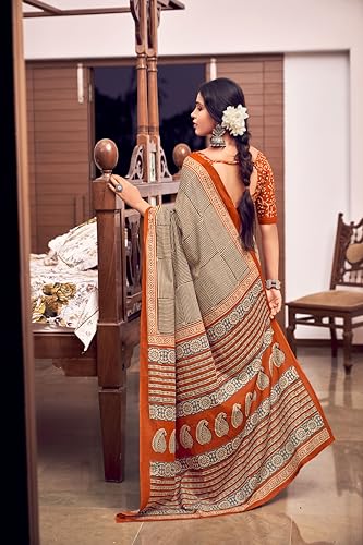 Image of Ikkat Hand Print Soft Mul Cotton Lightweight Saree with Blouse Piece, Multicolour