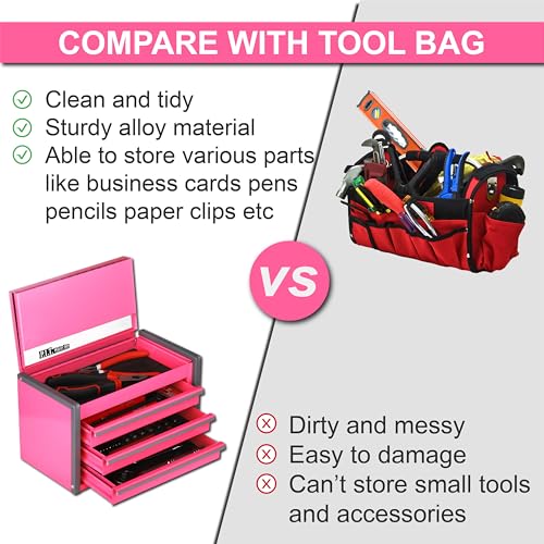 P.I.T. Mini Tool Box 8.6"W X 4.6"D, Portable 3 Drawer Steel Stackable Pink Tool Box with Magnetic Tab Locking, Pink Micro Top Chest with Liner for Tools Storage and Organizers, Home DIY by P.I.T. - Used condition - Image 4