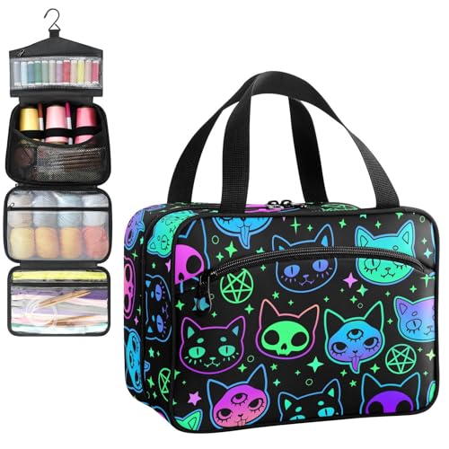 YNNALE Sewing Supply Organizer Bag, Black Cute Cat Harajuku Y2k Portable Sewing Bags with Pockets&Hanger, Sewing Storage Box Case for Sew Supplies/Kit/Tools/Accessories (BAG ONLY)