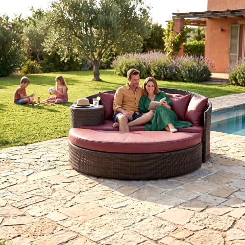 Image of BRISHI Outdoor Patio Daybed /Sunbed /Swimming Pool Side /Sun Lounger /Garden /Terrace /Balcony /Wicker and Rattan Daybed (Dark Brown /Maroon)