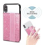 RFID Blocking Flip Card Holder for Back of Phone with Elastic Hand Strap, ClarksZone Sequins Glitter Wallet Case Stick On Slim Credit Card ID Card Slot Pockets for Most Smartphones