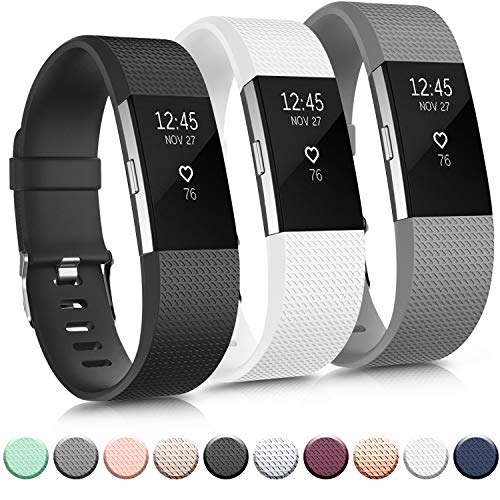 Pack 3 Replacement Bands Compatible for Fitbit Charge 2 Bands, Adjustable Accessory Soft Silicone Sport Wristband for Women Men (Small, Black+White+Grey)