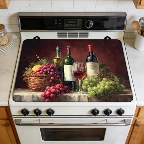 Image of Multi-Design Silicone Stove Cover for Glass /Electric Stoves - 3-in-1 Heat-Resistant Protector Mat, Non-Slip Drying Rack (Grapes Wine Bottle, 28 inch L x 20 inch W)