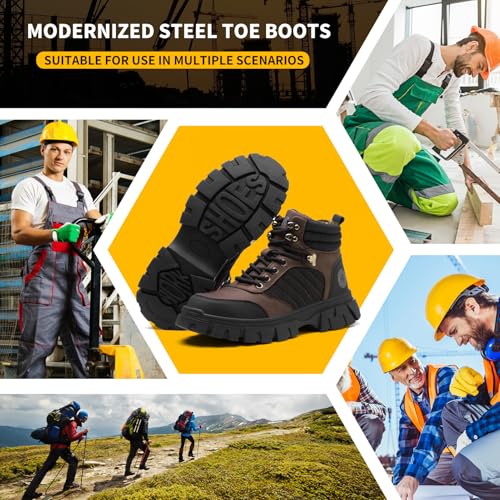 Image of KELODON Waterproof Steel Toe Boots For Men-6 Inch Comfortable Mens Safety Work Boots Indestructible Steel Toe Shoes Lightweight Non Slip Puncture Resistant Industrial Construction Boot