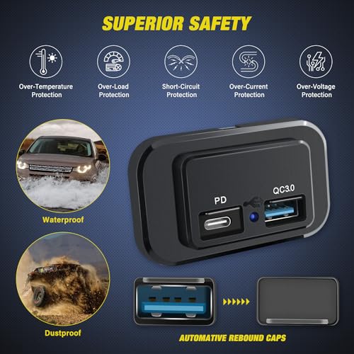 Image of Nilight 2 Pack Socket Panel 12V 24V Dual USB Outlet PD Type C QC3.0 | Surface Mount 48W Fast Waterproof for Automotive RV Marine Boat Motorcycle Truck