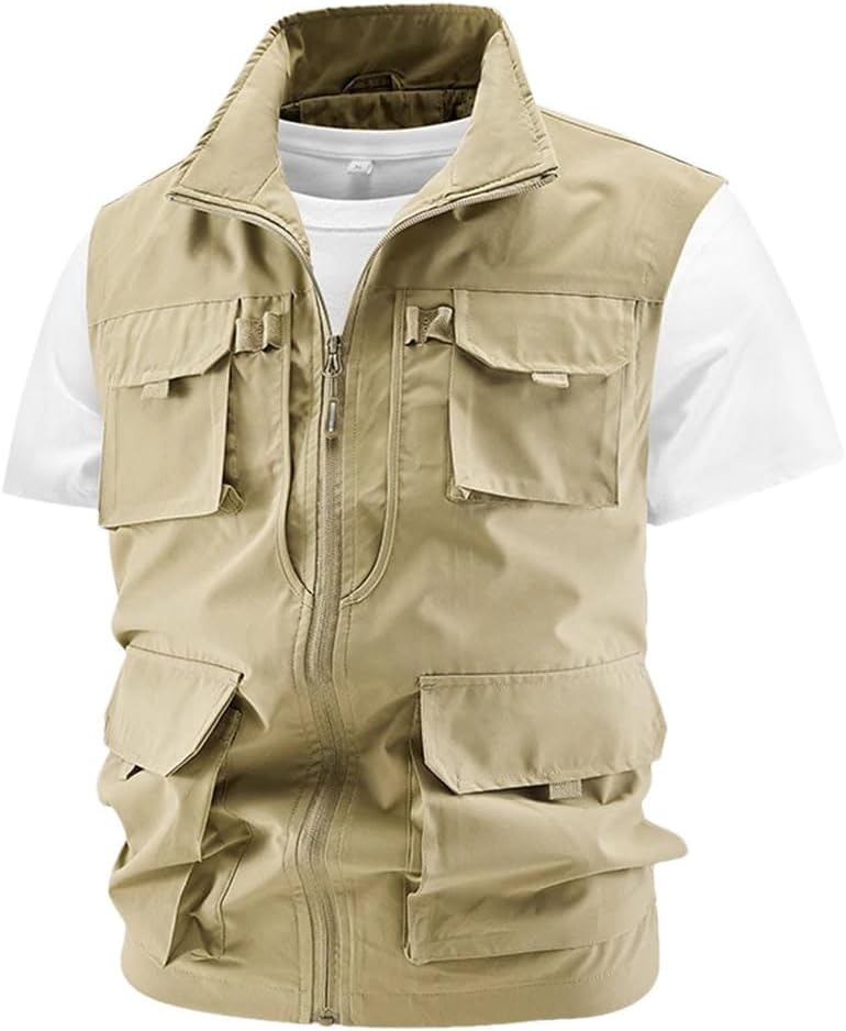 Men’s Multiple Pockets Stand Collar Cargo Vest Summer Outdoor Fishing Photo Mesh Zipper Sleeveless Jacket