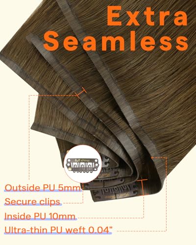 Image of Full Shine Seamless Clip in Hair Extensions Human Hair, Natural Brown | Hair Extension Clip ins, 12 Inch, 95g, 8 Pcs, Straight PU Weft, Fine Hair, Lightweight Daily Wear