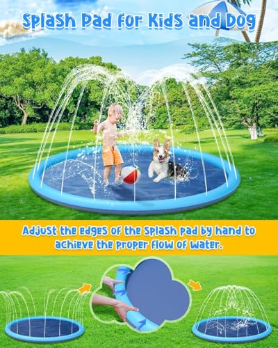 YSJILIDE Non-Slip Large Sprinkler Splash Play Mat,Splash Pad for Kids and Dog (Blue, XXXL-102) - image 5