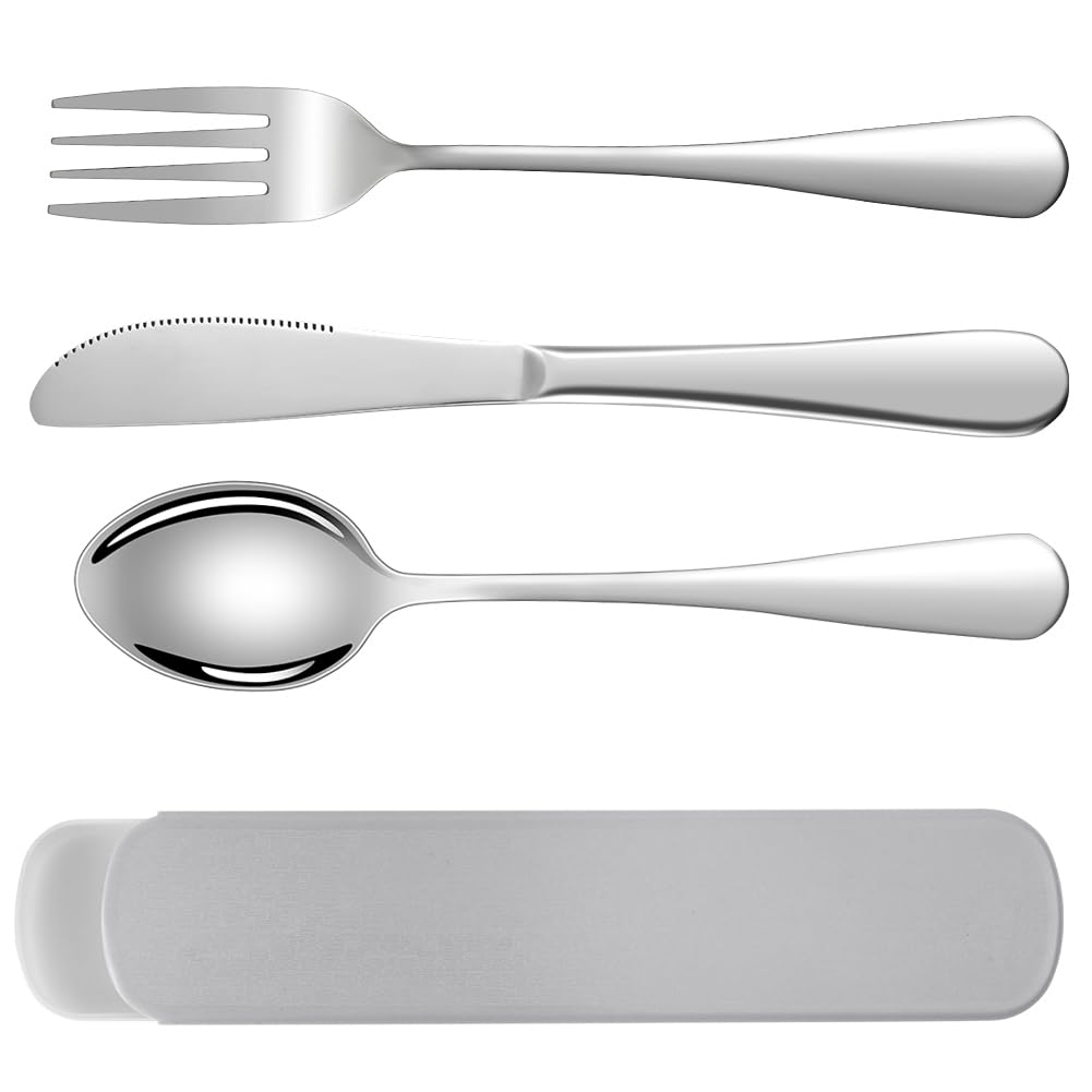 HOTUT 3 Pezzi Posate Da Campeggio Kit con Borsa Portaoggetti, Set di Posate Acciaio Inox, Finitura Lucida Lavabili in Lavastoviglie, Posate Da Viaggio in Argento con Cucchiaio Forchetta Coltello