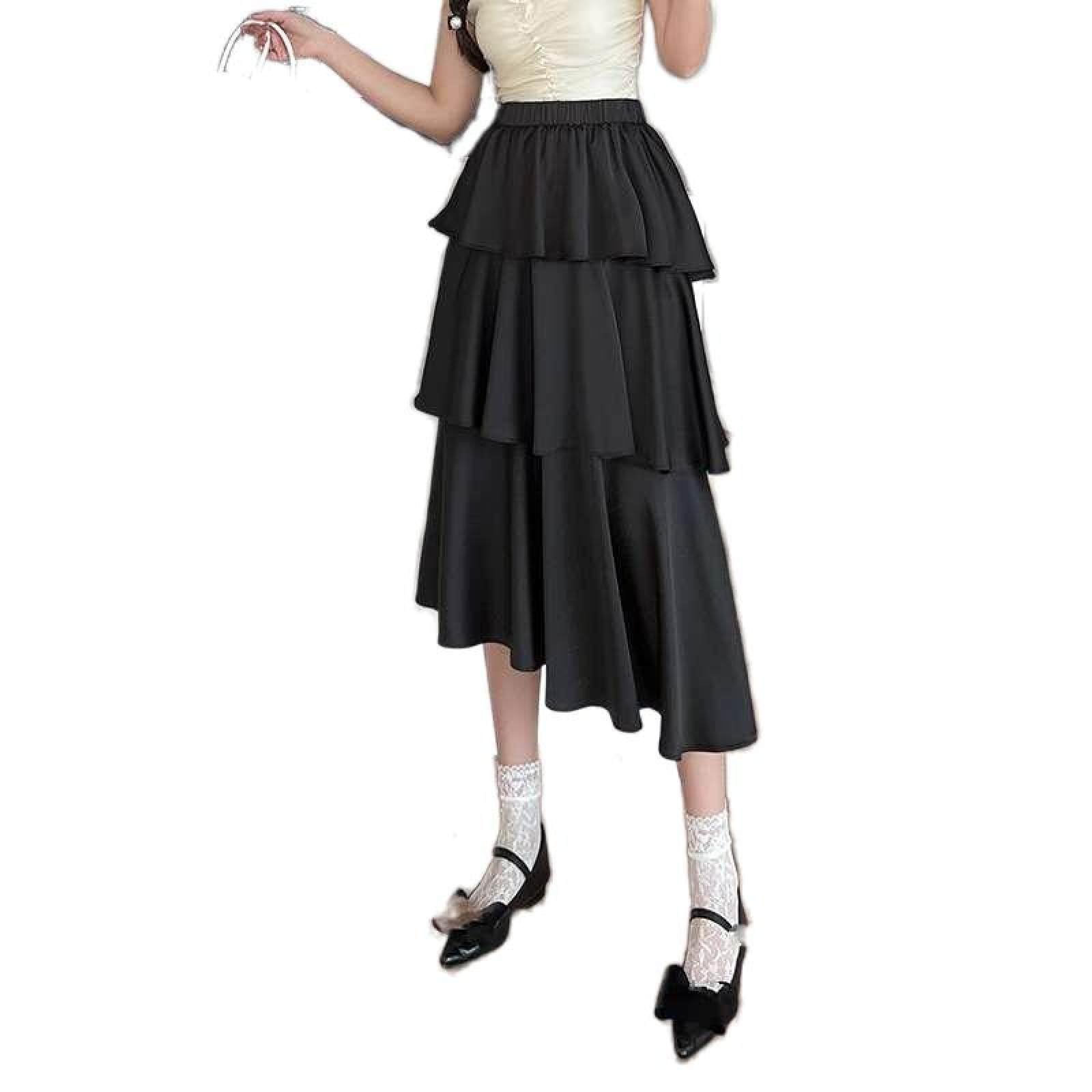 Jupe De Gâteau en Satin De Fibre De Vinaigre Taille Haute pour Femme - Été Polyvalente Couleur Unie Taille Élastique Jupe Mi-Longue Petite Jupe À Volants Irréguliers Une Ligne Jupe Longu