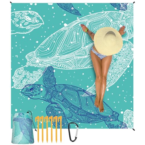 Mikrofaser Strandtuch - 210x200 cm Groß Stranddecke Sandfrei mit 6 Bodennägel und 1 Karabiner Strandzubehör Weich & Hautfreundlich Schnelltrocknend Strandtuch für Strand Picknick Reisen Wandern