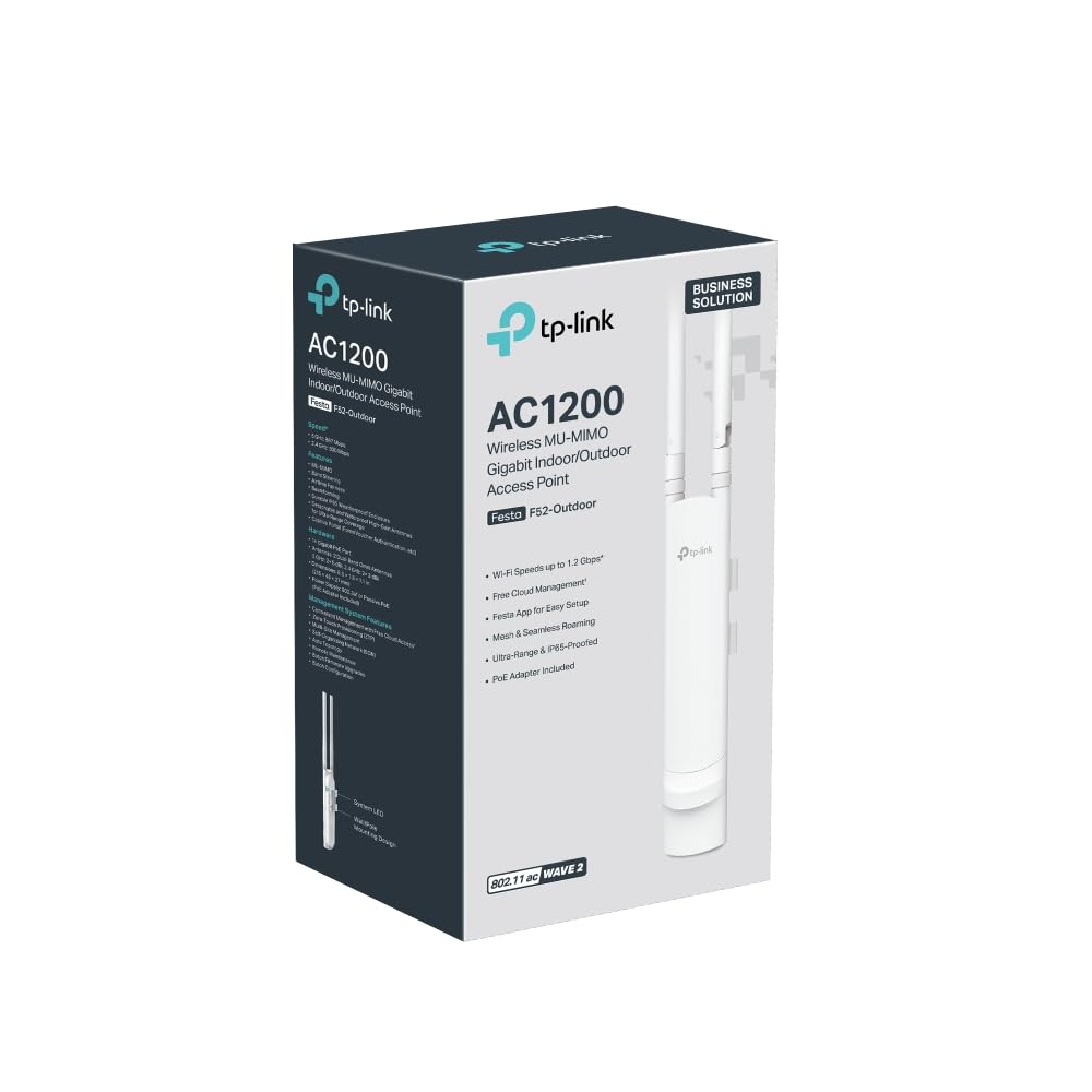 TP-Link Festa F52-Outdoor Access Point AC1200, Kostenlose Cloud-Verwaltung, 802.3af PoE oder passives PoE, IP65 wetterfest für Außenumgebung, Pole-/Wandmontage (Kits enthalten)