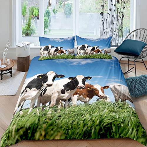 Homewish Juego de funda de edredón con estampado de vaca, tamaño king para niños, adolescentes, patrón de vaca animal, juego de cama 3D, juego de cama decorativo de 3 piezas con 2 fundas de almohada,