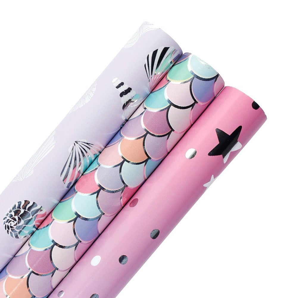 Set of 3 Mermaid Wrapping Paper Roll (43cm x 3M), Girls Happy Birthday Gifts Wrapping Paper Rolls, Present Gift Wrap for Valentines, Party or Wedding Gift, Festival, Baby Shower, Easter, Flower Craft