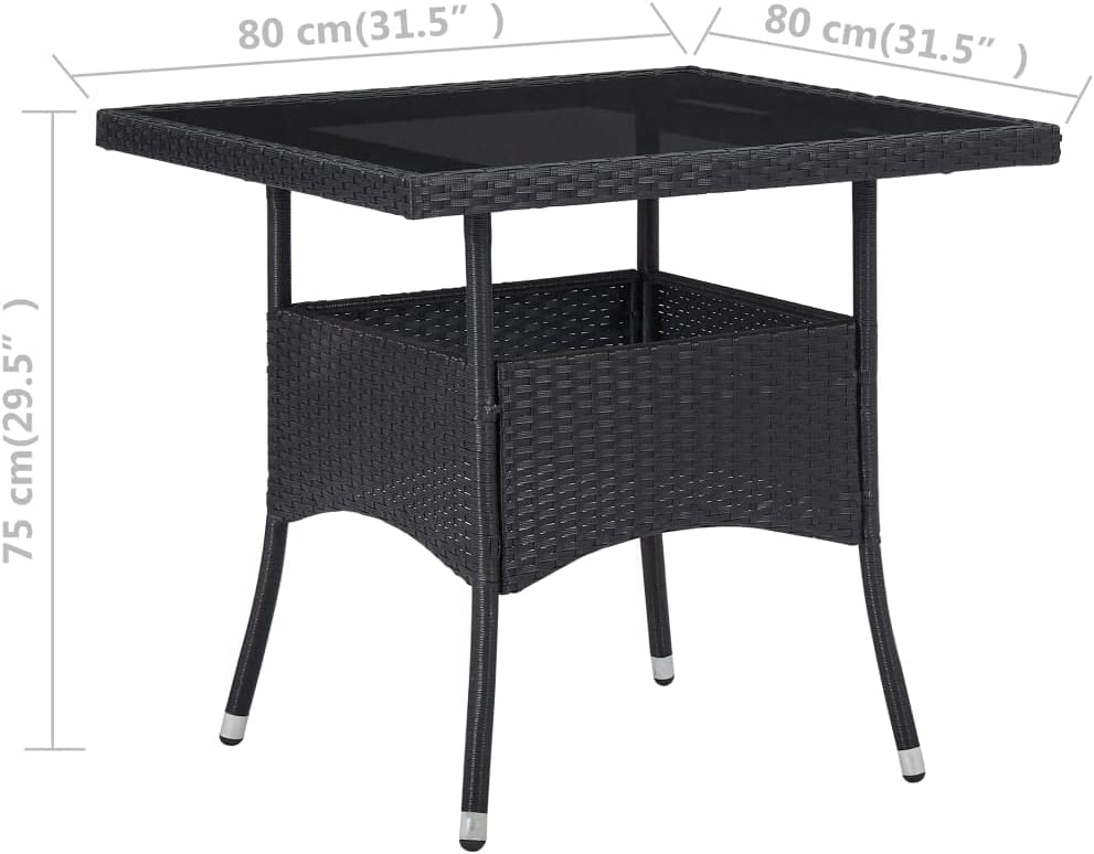Patio Dining Table,Outdoor Coffee Table,Outdoor Patio Furniture,Bistro Table,Balcony Table,Small Side Table,Square Table,for Deck,Lawn,Garden,Backyard, Black Poly Rattan and Glass