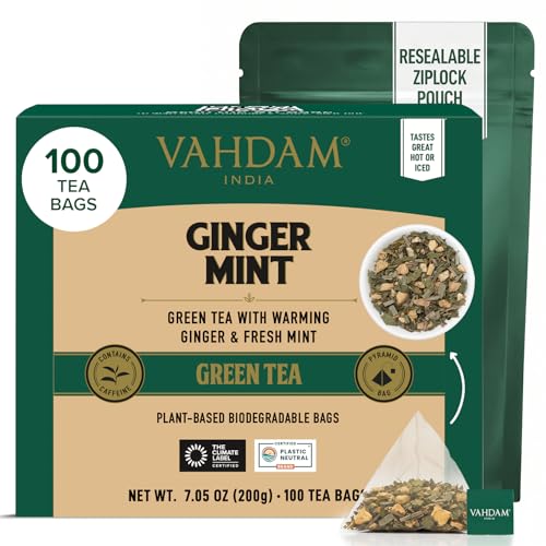 VAHDAM Ginger Mint Green Tea Bags (100 Count) Whole Leaf Pyramid Teabags