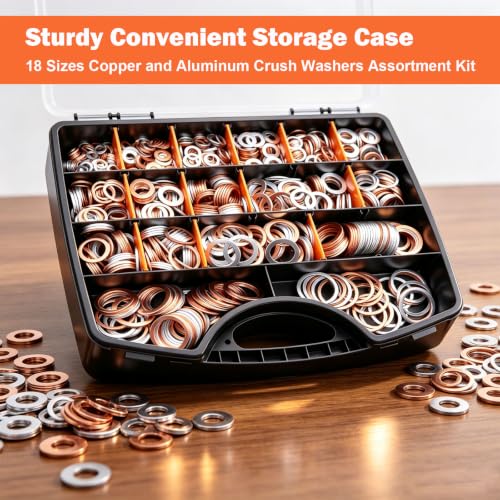 Image of 1160PCS Crush Washer Oil Drain Plug,18 Sizes Copper and Aluminum Crush Washers Assortment Kit,Automotive Oil Pan Drain Plug Gasket M6 M8 M10 M12 M14 M16 M18 M20 M22 M24