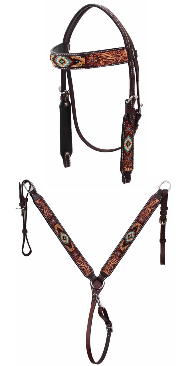 CHALLENGER Horse Show Bridle Western Leather Western Antique Floral Tooled Leather Beaded Bridle Breast Collar Tack 79RS03B