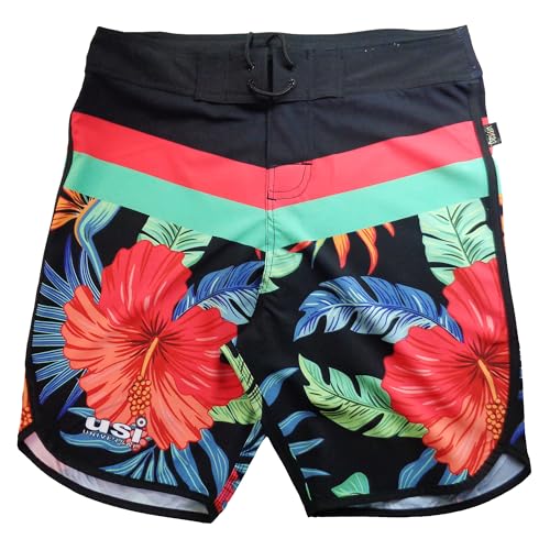 Image of USI Universal 411PA Aloha Physique Board Shorts, Polyester Fitness Shorts, Hook & Loop Fly, Drawstring Closure, Tailored Fit for Thin Waist & Muscular Thighs (in, Alpha, M, Red /Black)