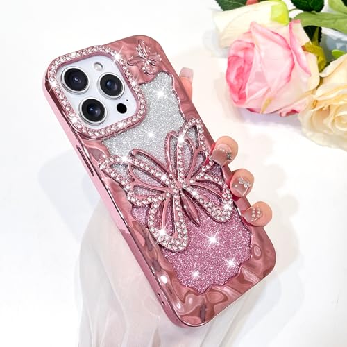 Coque iPhone 14 Pro Max paillettes rose avec papillon 3D strass - 6