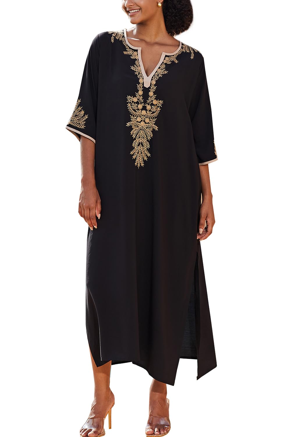 Kawai Peach Women's Kimono Black Embroidery L-Peach Cotton Floral Embroidered Long Dress Kimono Beach Cover Ups
