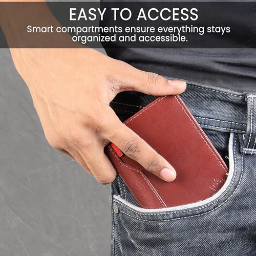 Image of Mens Leather Slim Bifold Wallet with RFID Blocking | Card Holder with Multiple Slots and Cash Pocket | Lightweight Design Men's Purse | Pocket Carry Travel Gifting & Office Use - Cherry