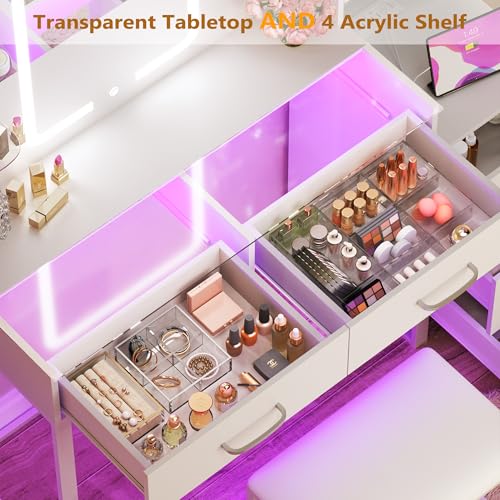 Image of HUAHUU Vanity Desk with Mirror and Lights 3 Colors, 43.3 inch Makeup Vanity with Glass Top & RGB Light, White Vanity Table Set with Stool, 5 Drawers & Power Outlet for Bedroom Dressing Room