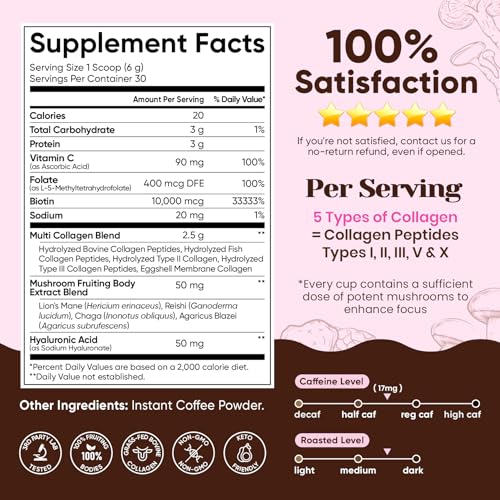 Image of Venture Pal Mushroom Coffee for Focus, Skin, Hair, Nails, Joints &Digestion | Adaptogenic Mushroom with Multi Collagen Peptide, Lions Mane, Reishi, Chaga, Biotin, Vitamin C - Low Caffeine & Calories
