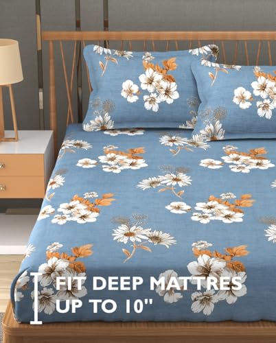 Image of FRESH FROM LOOM Floral Print King Size Bedsheet Set - Microfiber, 240 TC, Hypoallergenic, Includes 2 Pillow Covers (90 x 95 inch| Denim, Floral Design), Multicolor