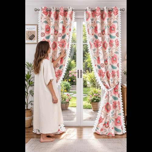 Image of Amazon Brand - Umi Bohemian Curtains for Door, Microfiber Cotton Curtain 7 Feet Long Pack of 2 Curtain with Tassels,Eyelets Included, 40-60% Room Darkening